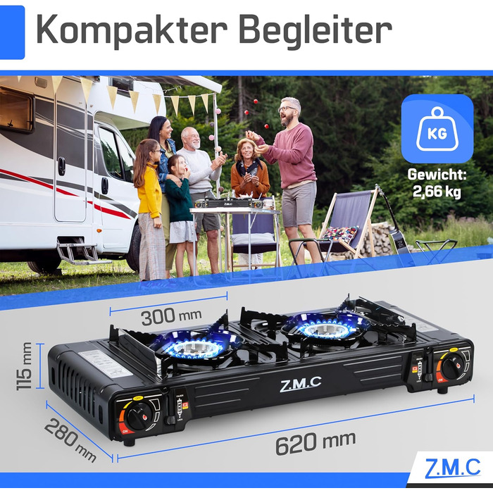 Преміум газовий набір для кемпінгу ZMC з 2 конфорками, 2,5 кВт, Piezo-запалювання, валіза для транспортування. Ідеально для відпочинку на природі, балкону та дому. Включає гриль-плиту 45×24 см та 227г газові картриджі.