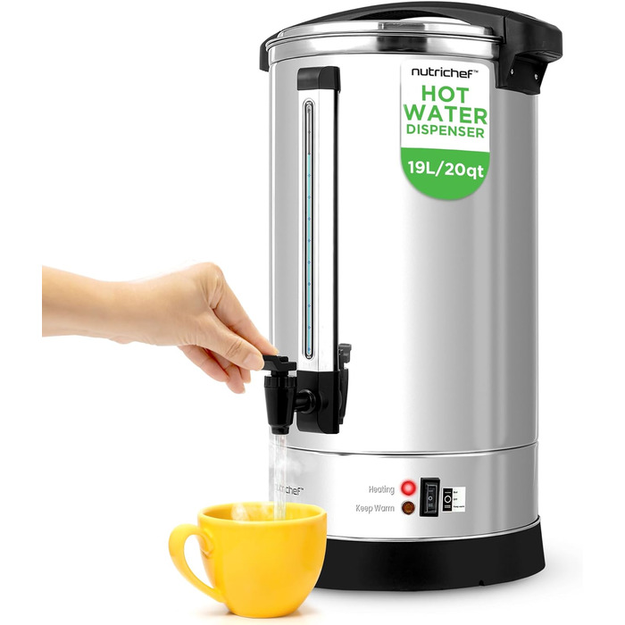 NutriChef Електричний автоклав та дозатор гарячої води 13л - нержавіюча сталь з захисним кришкою та краном без протікання | Функція підігріву для глінтвейну, чаю, кави | Для комерційного та приватного використання | 1100W компактний пристрій (19 літрів)