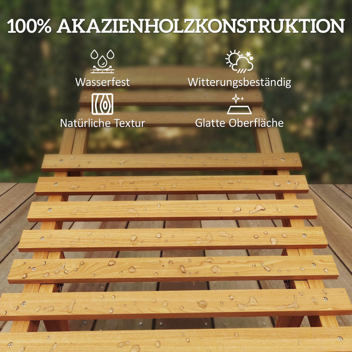 Шезлонг садовий складаний з дерева, вологостійкий, з подушкою та підголівником, ручки для перенесення, 183 x 54 x 63 см, Бежевий