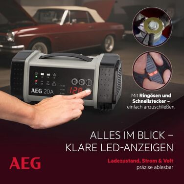 Зарядний пристрій акумуляторів AEG LT 20, 20A для 12/24V авто, 9-ступінчатий, з інтелектуальною функцією заряджання та автоматичним вирівнюванням температури, чорний/сірий