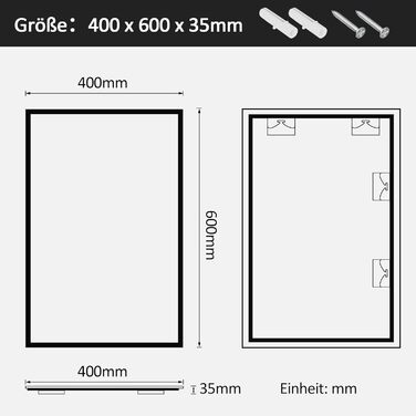 LED дзеркало для ванної кімнати Boromal 40x60 см з підсвічуванням та вимикачем, 6500K, холодний білий світ, Стиль Jb
