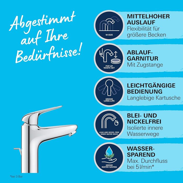 Змішувач для ванної кімнати Grohe Swift, водозберігаючий, з витяжною системою, хром, 18 см, з інструментом 3в1