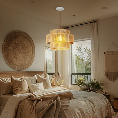 Підвісна лампа з тришаровим абажуром, метал, мотузка з натурального льону, світло-коричневий