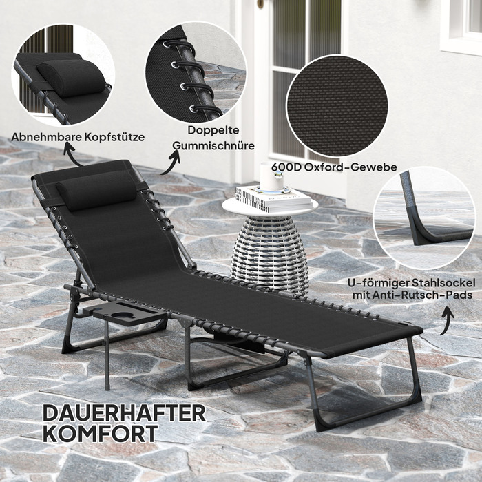 Шезлонг для відпочинку на сонце, розкладний садовий шезлонг з подушкою для голови, лежак з регульованою спинкою у 5 положеннях, до 120 кг