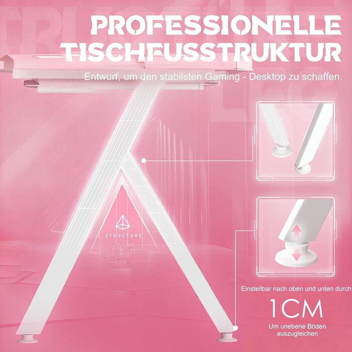 Ігровий стіл YRHome з RGB-підсвічуванням та підставкою для навушників та стаканом. Білий (120x60x75см, Рожевий)