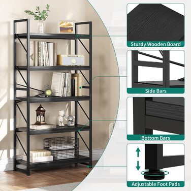 Стильна полиця YITAHOME з 5 ярусами, чорна, 80 x 30 x 158 см | Полиця для книг, вітальня, офіс