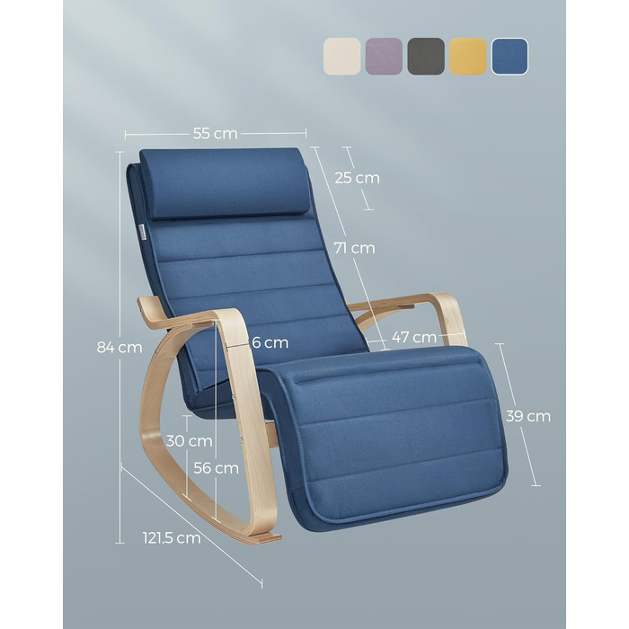 Крісло-гойдалка SONGMICS з підлокітниками з натурального дерева, 5-позиційне регулювання підніжки, до 150 кг, для спальні/вітальні, темно-натуральний колір, бавовна/поліестер