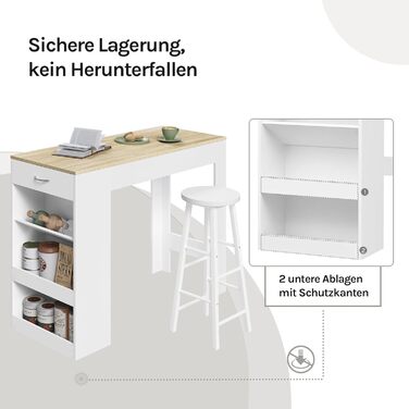 Стіл-бар WOLTU з шухлядою та полицями, вітрина для вина, кухонний стіл для бару, кухні, вітальні, їдальні (90 x 50 x 120 см, білий + світлий дуб)