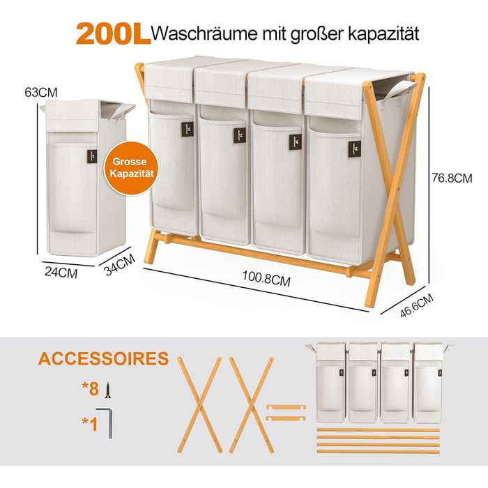 Кошик для білизни AdelDream з 3 відділеннями, 150л, бамбук, сортувальник, сірий