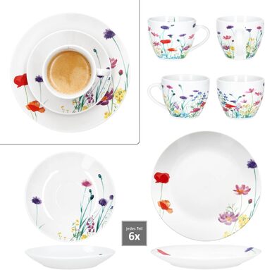 MamboCat Marie - 18-Piece Coffee Set | Porcelain Dinnerware with Floral Decor for 6 People | 6 Cups (190ml), Saucers & Plates for Breakfast & Coffee
