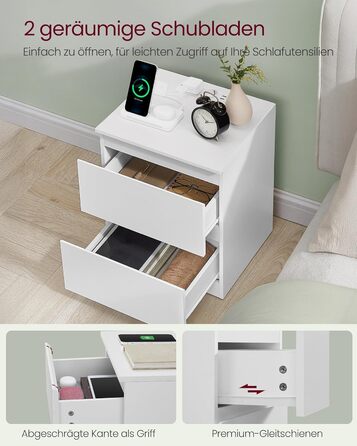 Приліжкова тумбочка VASAGLE Kailyn з розетками, 2 шухляди, 2 AC-розетки, 2 USB-A порти, для спальні, білий колір LET621W02