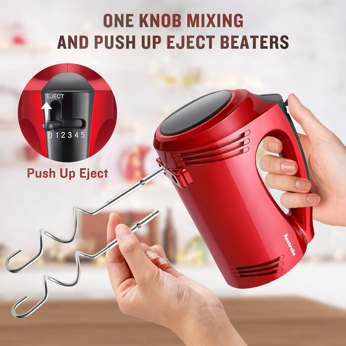 Електричний ручний міксер Kestreln з плоским дном, для випічки, з гачками для тіста, червоний