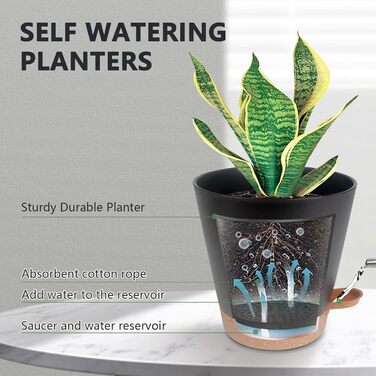 5 горщиків з пластику з системою поливу, 17.8/16.5/15.2/13.9/12.7 см. Самополивні кашпо з підставкою, круглі горщики для квітів, сукулентів, кактусів, кімнатних рослин, балкона та саду, зелені (чорний, коричневий)