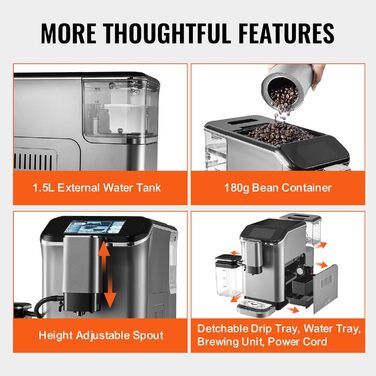 Автоматична кавомашина VEVOR CM9002A-GS з вбудованою кавомолкою, 15 ступенів помелу, резервуар для води 1.5 л, контейнер для зерен 180 г