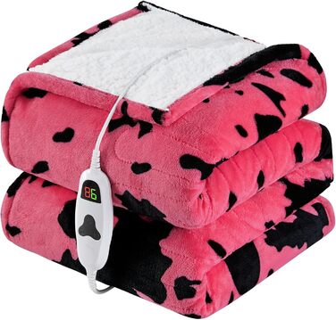 Електрична гріюча ковдра з принтом корови, повний розмір, 183 x 213 см, фіолетова, 10 режимів нагріву, автовимкнення через 8 годин, декор з гірської породи худоби, фліс, шерпа, тепла