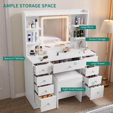 Туалетний столик YITAHOME з підсвічуванням та дзеркалом, з пуфом, 4 шухляди, відкриті полиці, чорний (білий, 9 шухляд)