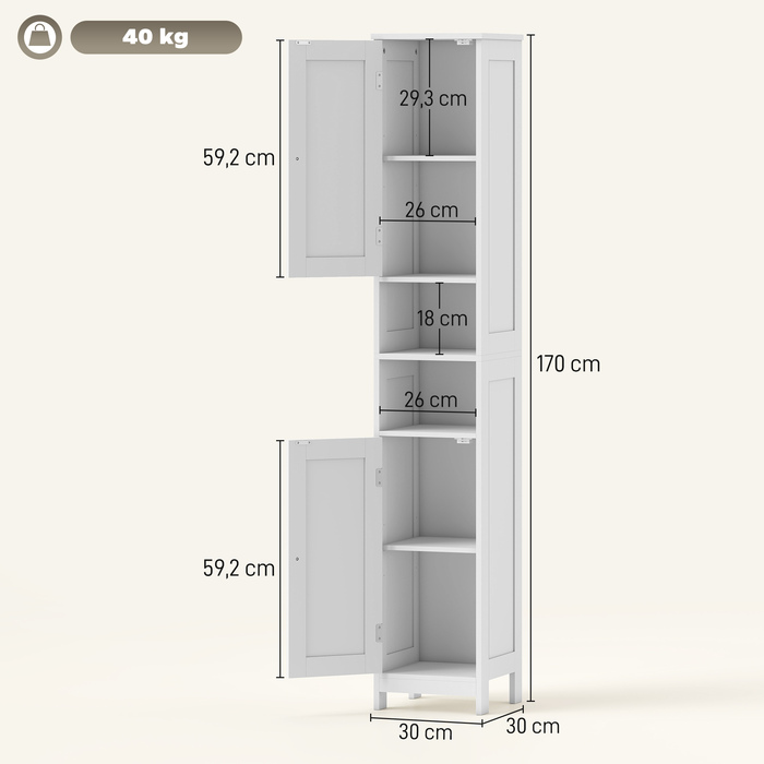 Шафа для ванної кімнати HOMCOM - витончена та функціональна. Компактний дизайн (30 x 30 x 170 см) з дверцятами та відкритими полицями. Колір: білий.
