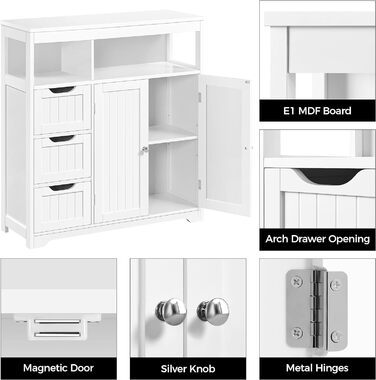 Шафка для ванної кімнати Yaheetech з 3 висувними ящиками та 1 дверцятами, регульована полиця, для ванної, кухні, коридору, білий, 80,5 x 30 x 86,5 см