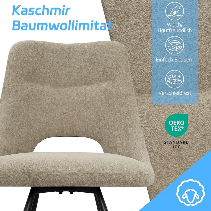 Набір з 4-х обідніх стільців, 180° поворотні, з м'яким сидінням, матеріал: бавовна-кашемір, сучасний дизайн, металеві ніжки, колір: хакі