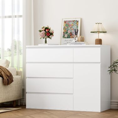 FOREHILL Комод білий з 5 шухлядами та 1 дверцятами, 100x40x80 см. Комод для спальні, вітальні, кабінету, передпокою