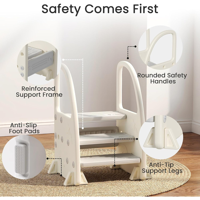 Дитячий табурет Hoopyosms Tritthocker з ручкою, сірий. Безпечний, з 2/3 сходинками для ванної, кухні та туалету