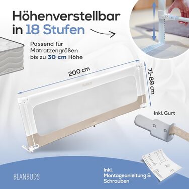 Захисний бортик для ліжка BEANBUDS® 200 см, бежевий - захист від випадання для дитячого та батьківського ліжка, з ременями для кріплення (1 сторона)