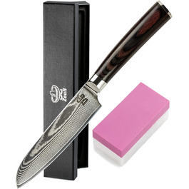Ніж Santoku ZEUß Damast (24 см) - професійний кухонний ніж з дамаської сталі 67 шарів, з точильним каменем, дерев'яною ручкою та захистом леза, подарункова коробка