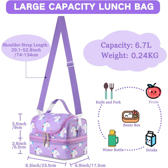 Дитяча сумка для ланчу, сумка-холодильник з двома відділеннями, сумка-холодильник для дівчаток і жінок, для школи, дитячого садка, дитячого садка, пікніка