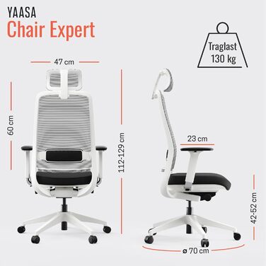 Офісне крісло Yaasa Ergonomiczne – ергономічне крісло для офісу з підтримкою попереку та регульованими підлокітниками – поворотне крісло з регулюванням опору спинки – для дому та офісу – 120 кг (Білий, Expert)