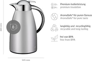 alfi SIGNO 1.0л термокружка з нержавіючої сталі, сатиновий срібло, з термоізоляцією та скляною колбою, з кришкою-поворотом та зручною кнопкою, ергономічна ручка, для однієї руки, ідеальна як для кави, так і для чаю