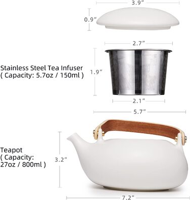 Чайник Zens порцеляновий з ситечком, матовий японський чайний сервіз з дерев'яною ручкою, керамічний, 800 мл, білий маленький чайник, подарунки для сипучих