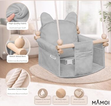 Дитяча гойдалка-колиска MAMOI з ременем безпеки, регульована висота 150-190 см, для дому, стійка конструкція, велюрове сидіння, легкий монтаж, світло-сіра