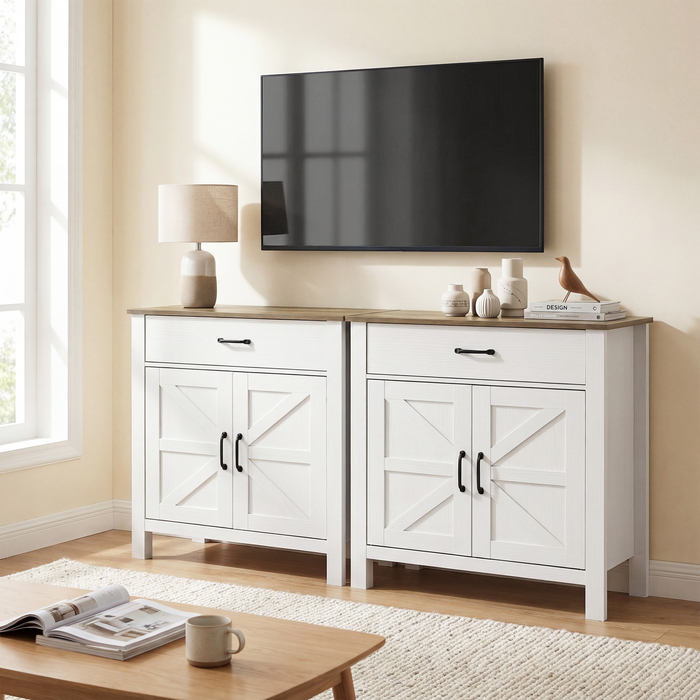 Буфет-шафа для вітальні/кухні в сільському стилі з розсувними дверцятами та регульованими полицями, білий колір