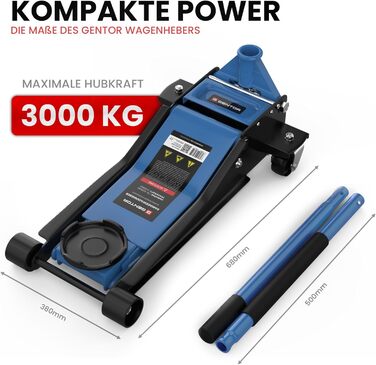 Гідравлічний домкрат 3T низькопрофільний 75-505мм з гумовими накладками для легкових авто та SUV – професійний, на колесах 360° (блакитний)