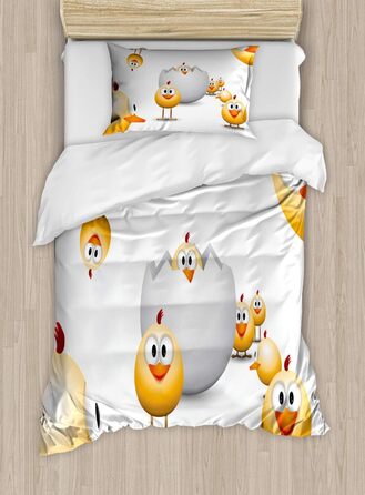 Набір великодніх підковдр для односпальних ліжок, Chick Funny Caricature, Захист від кліщів Алергія Підходить з наволочкою, 130 x 200 см - 70 x 50 см, Orange Yellow White 130 x 200 см - 70 x 50 см Помаранчево-жовтий Білий