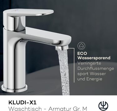 Змішувач для ванної кімнати KLUDI-X1, висота виливу 95 мм, водозберігаючий, розмір M, керамічний картридж, хром, з підключувальними шлангами