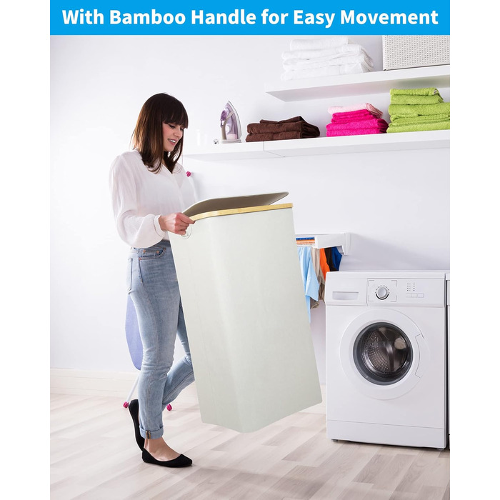 Великий кошик для білизни з кришкою, 100 л, з бамбуковими ручками, для зберігання одягу та іграшок, складний, з внутрішньою кишенею, для спальні та ванної кімнати