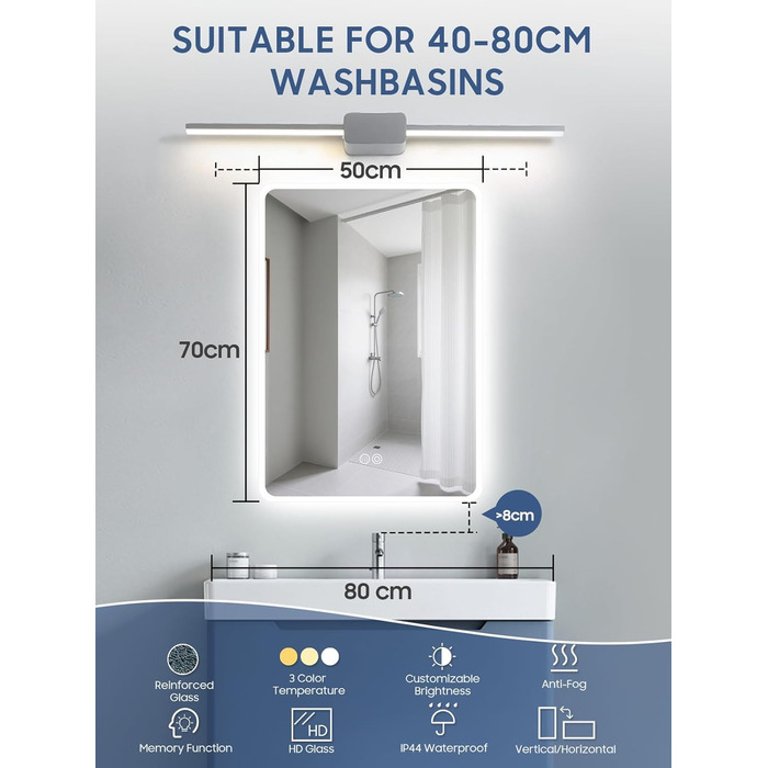 Дзеркало для ванної кімнати Habison з підсвічуванням LED, 50x70 см, сенсорне керування, регулювання кольору світла, пам'ять, протитуманне покриття, матове, без Bluetooth