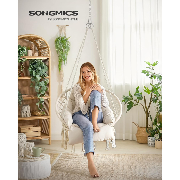Підвісне крісло-гойдалка SONGMICS, скандинавський стиль, кремове, з товстою подушкою, для вітальні, тераси, саду та балкона, навантаження до 120 кг, аксесуари в комплекті