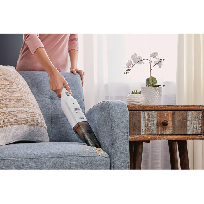 Акумуляторний ручний пилосос BlackDecker Dustbuster Slim HLVC315J11 (12 В, 1,5 Агод, без мішка та бездротовий, з вбудованою насадкою для всмоктування розміру XXL, включаючи зарядний кабель, щілинну насадку та щітку для м'яких меблів), білий