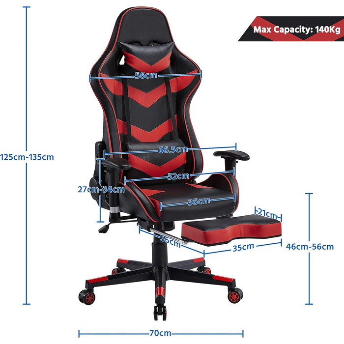 Ігрове крісло Yaheetech Racing Chair, Комп'ютерне крісло для ПК Поперекова підтримка, Офісне крісло з підставкою для ніг, Стілець Регульований підголівник (Чорний/Червоний)