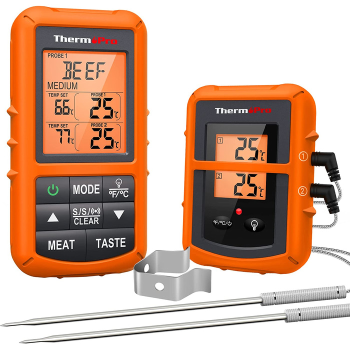 ThermoPro TP20 Цифровий термометр для м'яса з радіусом дії 150 м. Бездротовий термометр для гриля, духовки та барбекю з 2 датчиками температури. Orange