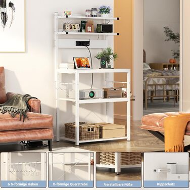 Кухонна полиця-стійка з розеткою, підставка для мікрохвильовки, 5-ярусна кавобар станція з LED-підсвічуванням, полиця для спецій, каструль та сковороди (60 см, білий)