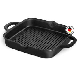 Гриль-сковорода Burnhard Gusseisen, квадратна 30 см, з попереднім прожарюванням, для стейків, сумісна з газовими грилями, духовкою, вогняною чашею та всіма типами плит (включаючи індукційну), чавунна сковорода-гриль 30 см