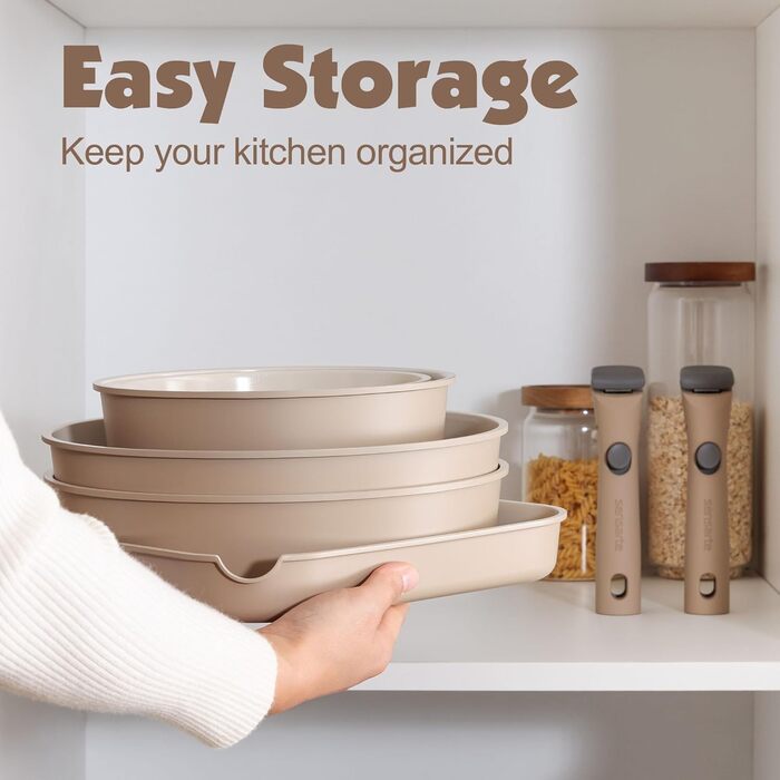 Набір посуду SENSARTE з керамічним покриттям, 17 предметів. Антипригарне покриття, знімні ручки, підходить для всіх типів плит, безпечний для миття в посудомийній машині та духовки. Без PFAS, PTFE, PFOA, PFOS (Бежевий)