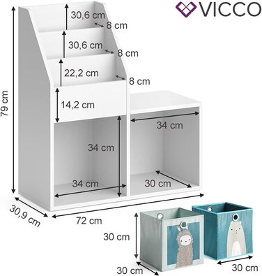 Дитяча полиця Vicco Полиця для іграшок Луїджі Книжкова шафа для зберігання Полиця для коміксів для дітей ((лавка 2 відділення), ) (біла, 72x79 зі складними коробками Ведмідь/Вівця)