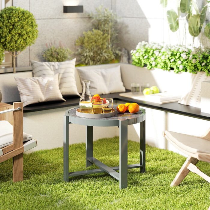 Outsunny Side Table Садовий стіл Круглий стійкий до погодних умов алюмінієвий балконний стіл з мармуровим виглядом Кемпінговий стіл Журнальний столик для вітальні Офіс Відкритий Внутрішній Сірий | Аосом