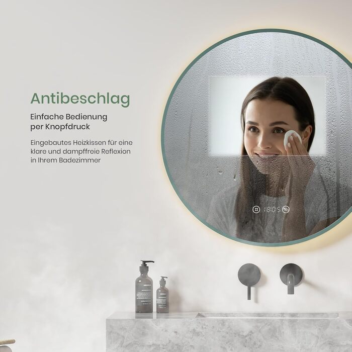 Круглий дзеркало для ванної кімнати EMKE з підсвічуванням 60 см - з антизапарюванням, регулюванням яскравості, годинником, індикатором температури, сенсорним керуванням, функцією пам'яті, енергозберігаючий. Розмір: 80x80 см.