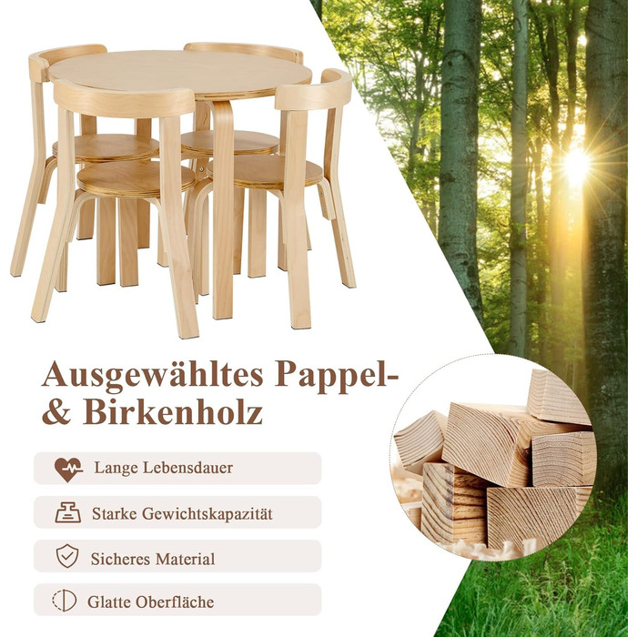 Дитячий столик та 4 стільчики DREAMADE з масиву дерева, дитячий меблевий набір для дівчаток та хлопчиків (натуральне дерево)