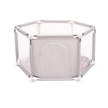 Шестигранний дитячий манеж з 100 м'ячиків, сірий:білий/сірий/пудрово-рожевий (200 м'ячиків, сірий:перловий/сірий/прозорий/пудрово-рожевий)